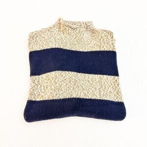 J. Crew Banded Woven Knitted Turtle Neck Top Beige Blue Size L